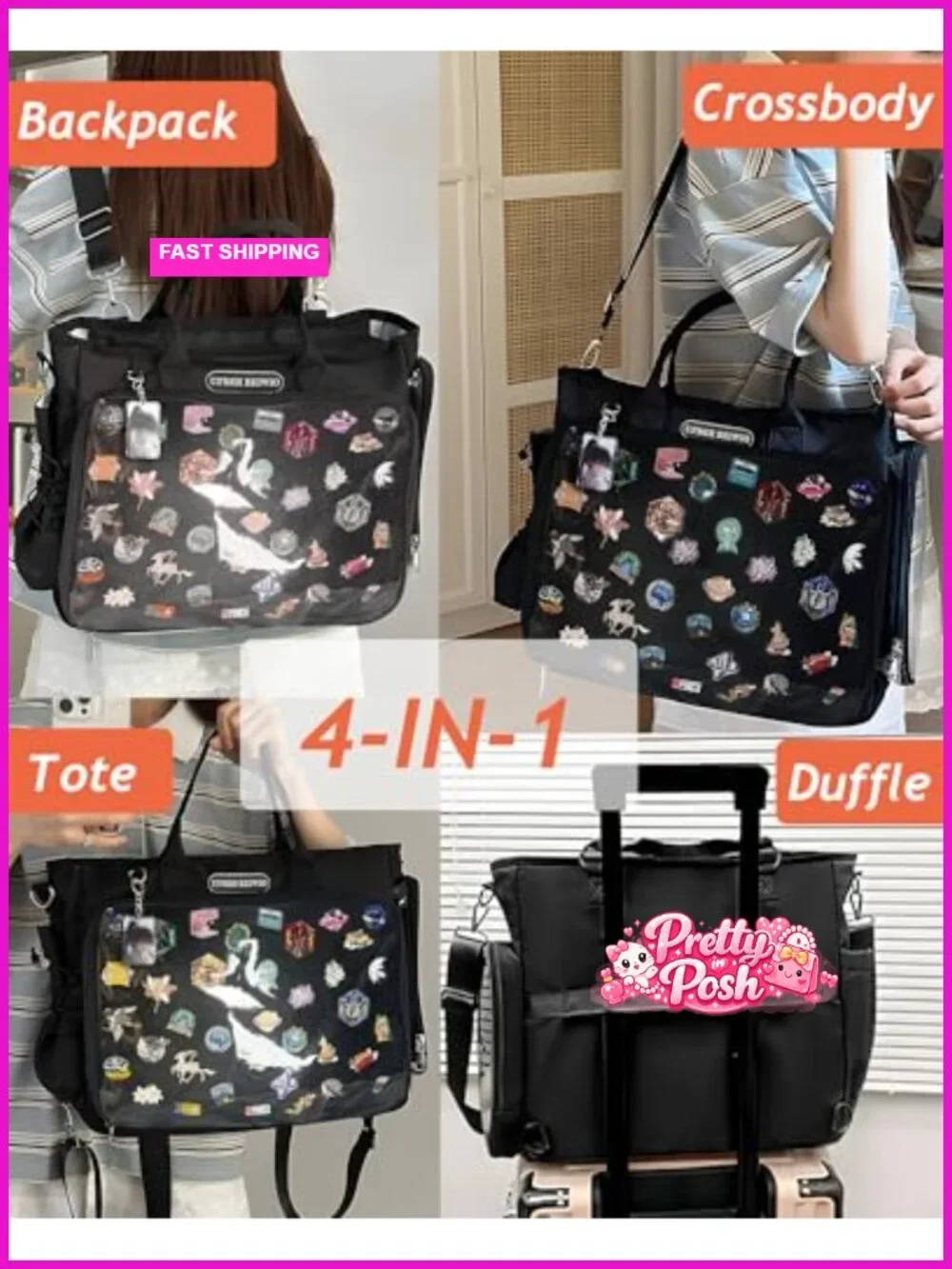 Large Ita Backpack Crossbody Tote with Clear Window and Insert for Pin Display